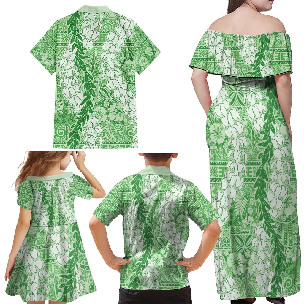 Green Puakenikeni and Maile Lei Family Matching Off Shoulder Maxi Dress and Hawaiian Shirt Hawaiian Style Tribal Tapa Double Strand Lei LT9 - Polynesian Pride