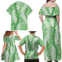 Green Puakenikeni and Maile Lei Family Matching Off Shoulder Maxi Dress and Hawaiian Shirt Hawaiian Style Tribal Tapa Double Strand Lei LT9 - Polynesian Pride