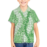 Green Puakenikeni and Maile Lei Family Matching Off Shoulder Maxi Dress and Hawaiian Shirt Hawaiian Style Tribal Tapa Double Strand Lei LT9 Son's Shirt Green - Polynesian Pride