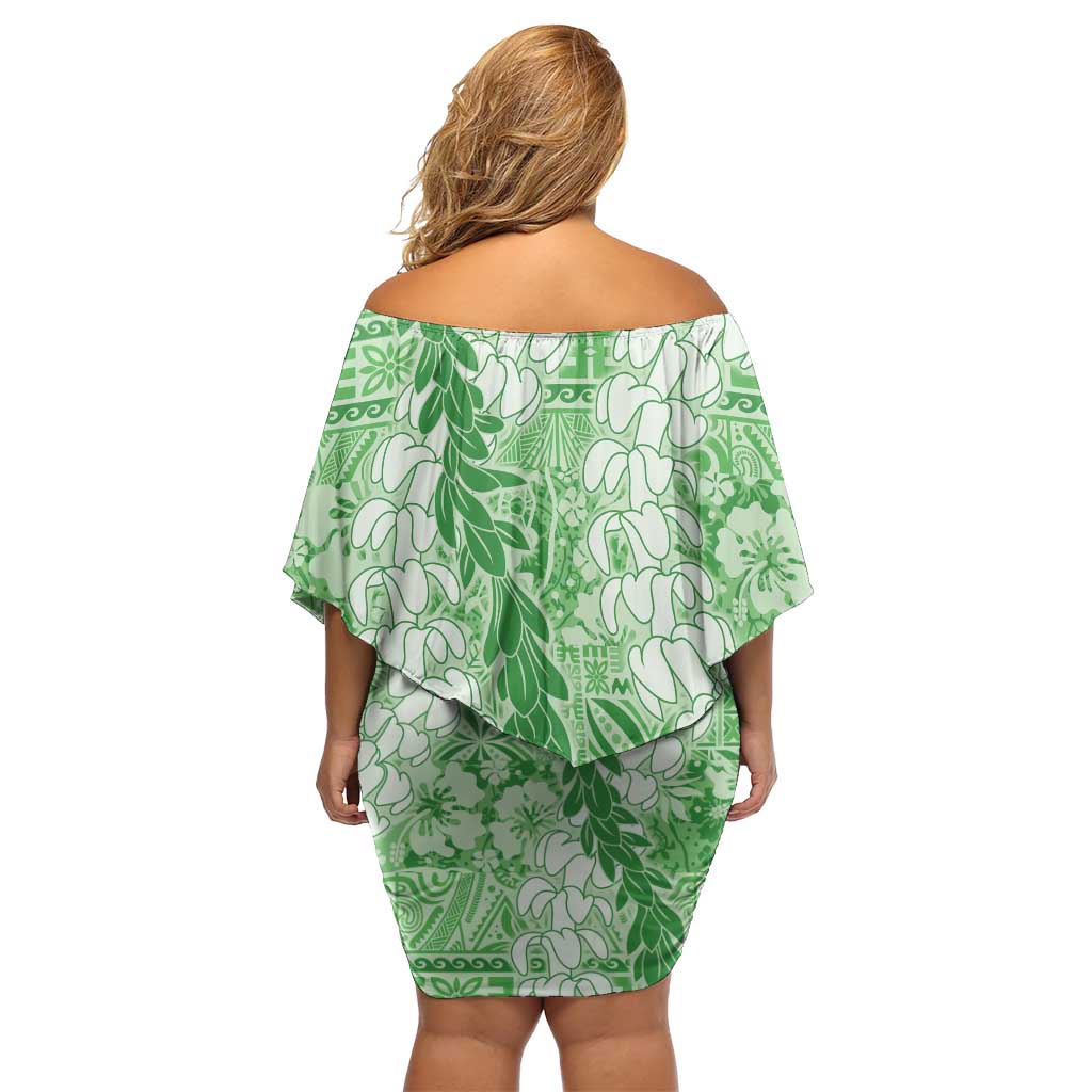 Green Puakenikeni and Maile Lei Family Matching Off Shoulder Short Dress and Hawaiian Shirt Hawaiian Style Tribal Tapa Double Strand Lei