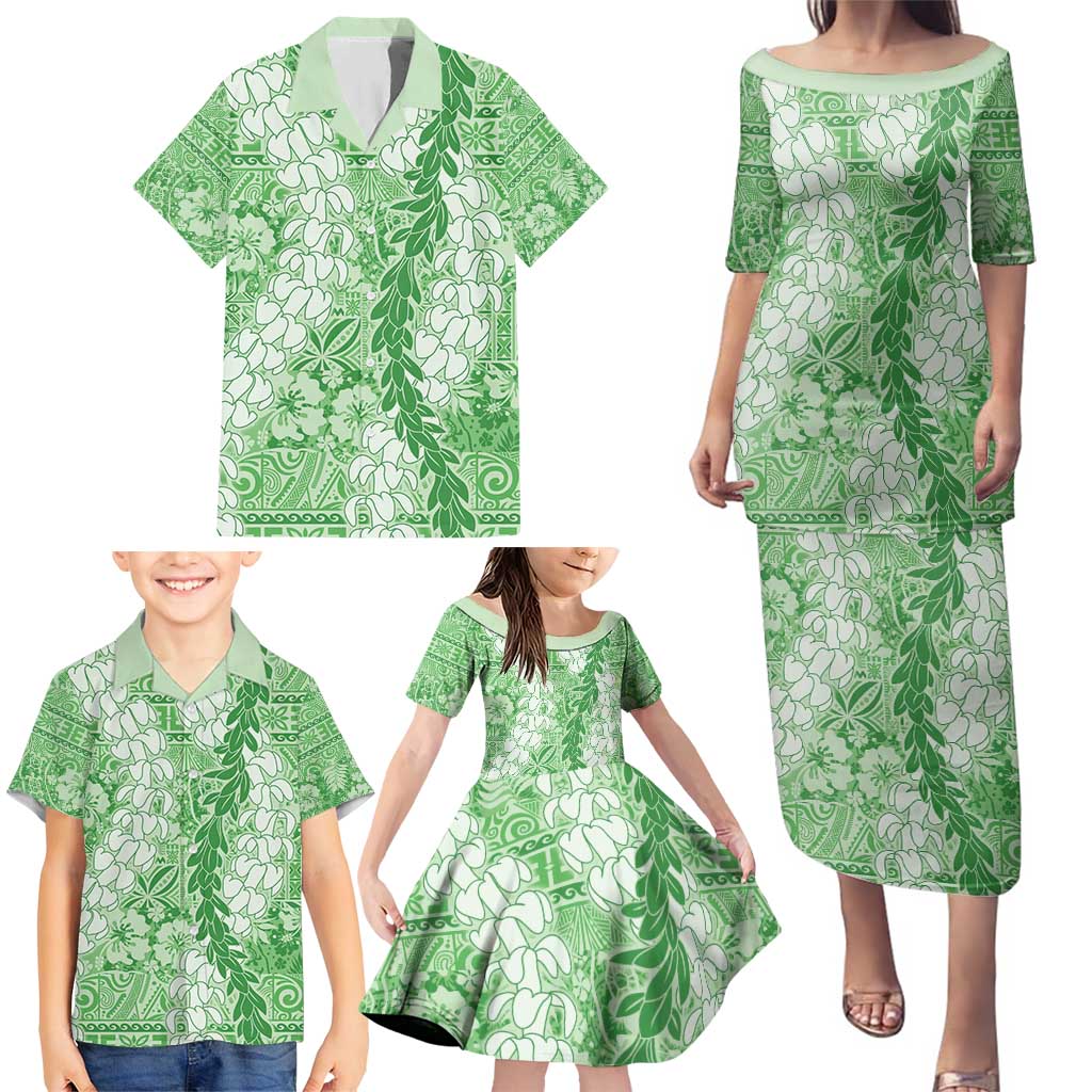 Green Puakenikeni and Maile Lei Family Matching Puletasi and Hawaiian Shirt Hawaiian Style Tribal Tapa Double Strand Lei