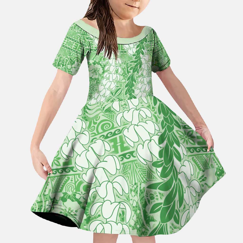 Green Puakenikeni and Maile Lei Family Matching Summer Maxi Dress and Hawaiian Shirt Hawaiian Style Tribal Tapa Double Strand Lei LT9 Daughter's Dress Green - Polynesian Pride