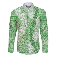 Green Puakenikeni and Maile Lei Family Matching Summer Maxi Dress and Hawaiian Shirt Hawaiian Style Tribal Tapa Double Strand Lei LT9 Dad's Shirt - Long Sleeve Green - Polynesian Pride