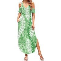 Green Puakenikeni and Maile Lei Family Matching Summer Maxi Dress and Hawaiian Shirt Hawaiian Style Tribal Tapa Double Strand Lei LT9 Mom's Dress Green - Polynesian Pride