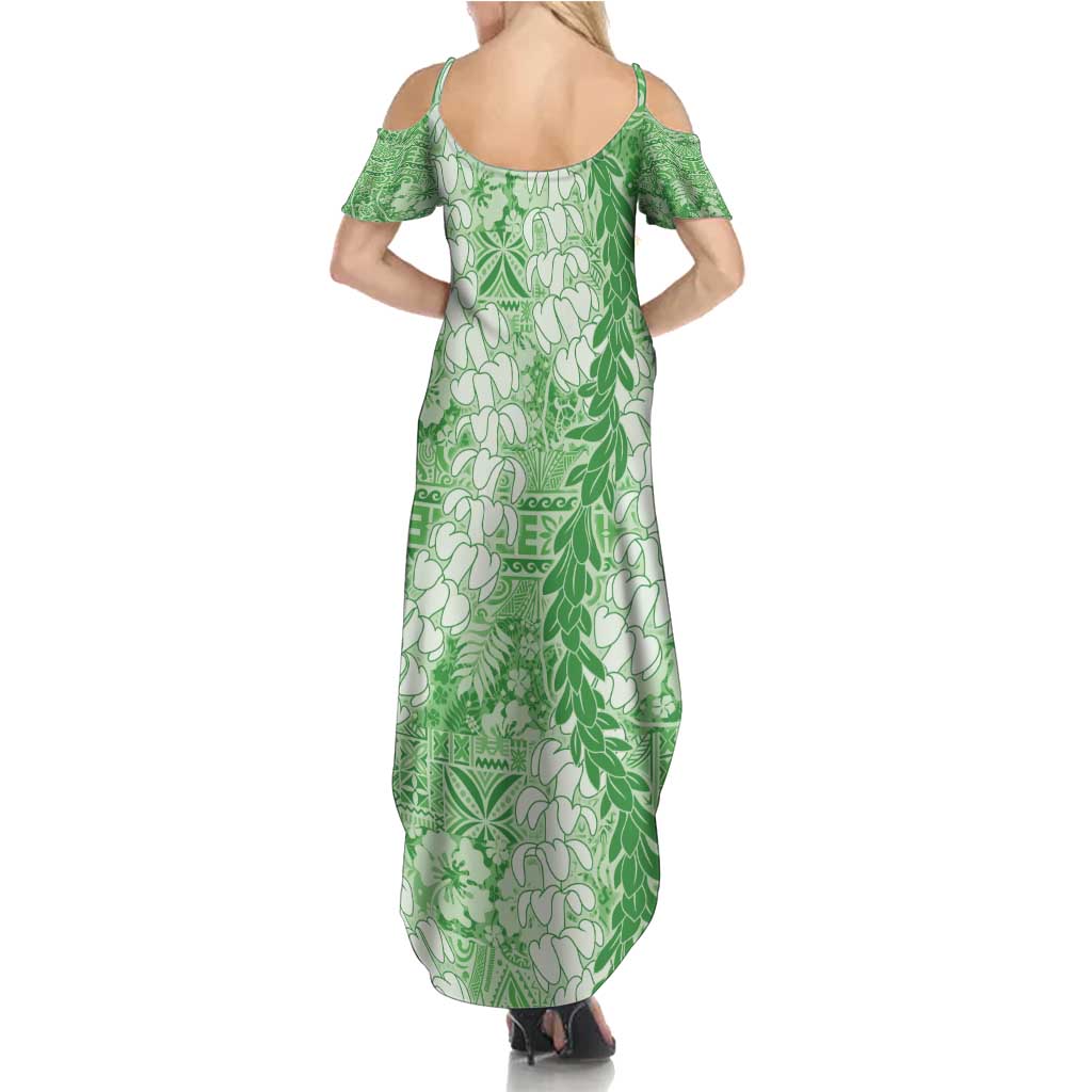 Green Puakenikeni and Maile Lei Family Matching Summer Maxi Dress and Hawaiian Shirt Hawaiian Style Tribal Tapa Double Strand Lei LT9 - Polynesian Pride