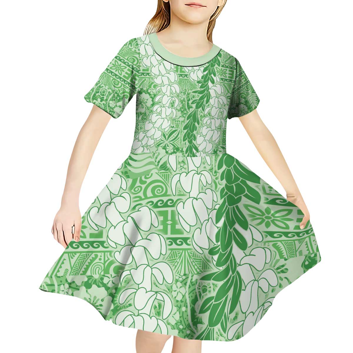 Green Puakenikeni and Maile Lei Kid Short Sleeve Dress Hawaiian Style Tribal Tapa Double Strand Lei LT9 - Polynesian Pride