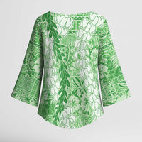 Green Puakenikeni and Maile Lei Kimono Sleeve Blouse Hawaiian Style Tribal Tapa Double Strand Lei - Polynesian Pride