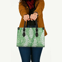 Green Puakenikeni and Maile Lei Leather Bag Hawaiian Style Tribal Tapa Double Strand Lei - Polynesian Pride