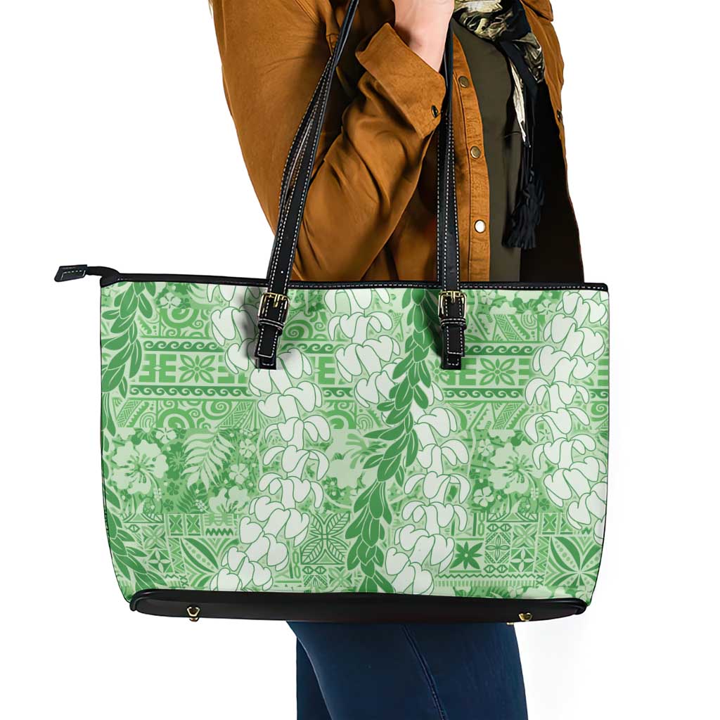 Green Puakenikeni and Maile Lei Leather Tote Bag Hawaiian Style Tribal Tapa Double Strand Lei LT9 - Polynesian Pride