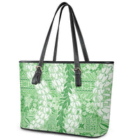 Green Puakenikeni and Maile Lei Leather Tote Bag Hawaiian Style Tribal Tapa Double Strand Lei LT9 - Polynesian Pride