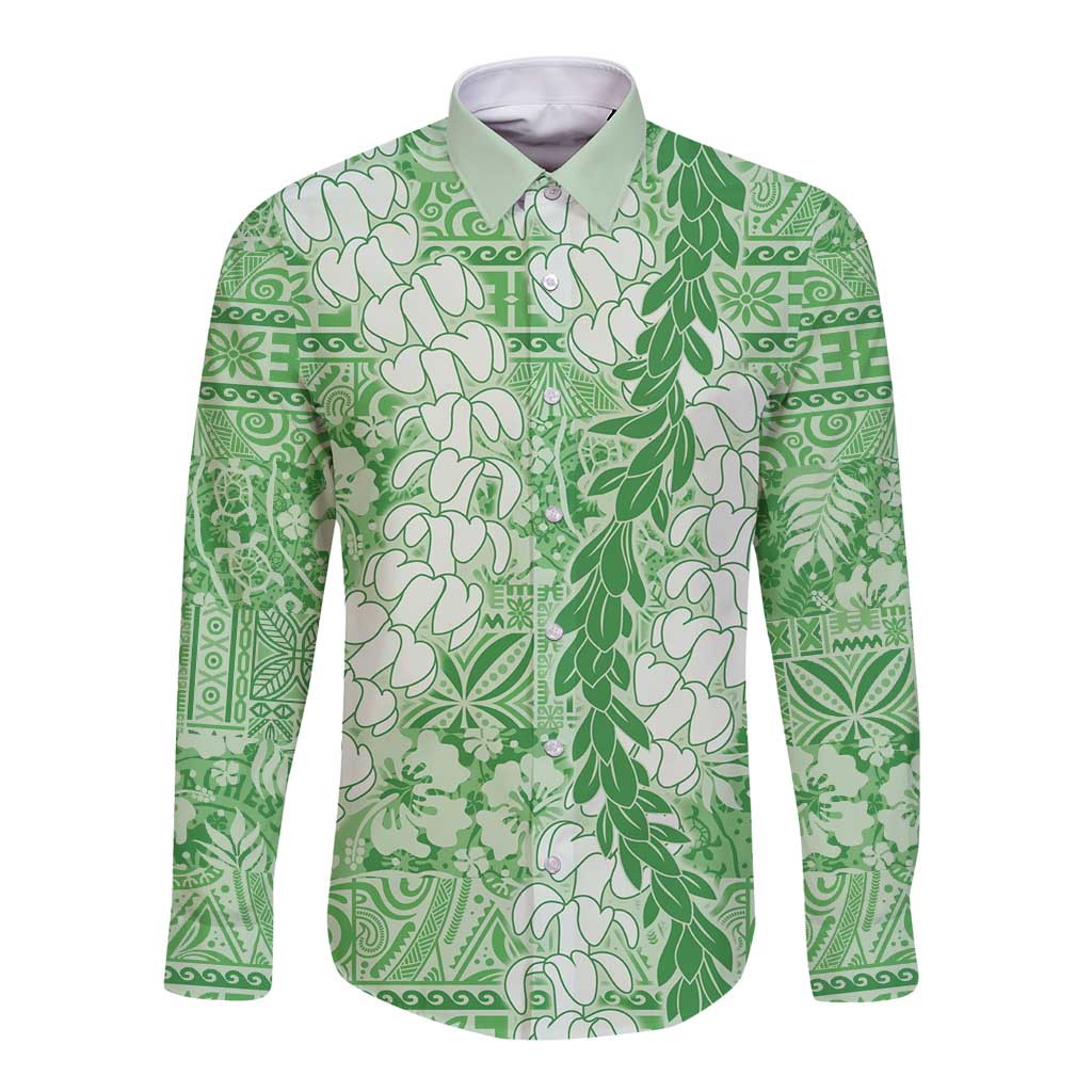 Green Puakenikeni and Maile Lei Long Sleeve Button Shirt Hawaiian Style Tribal Tapa Double Strand Lei LT9 Unisex Green - Polynesian Pride