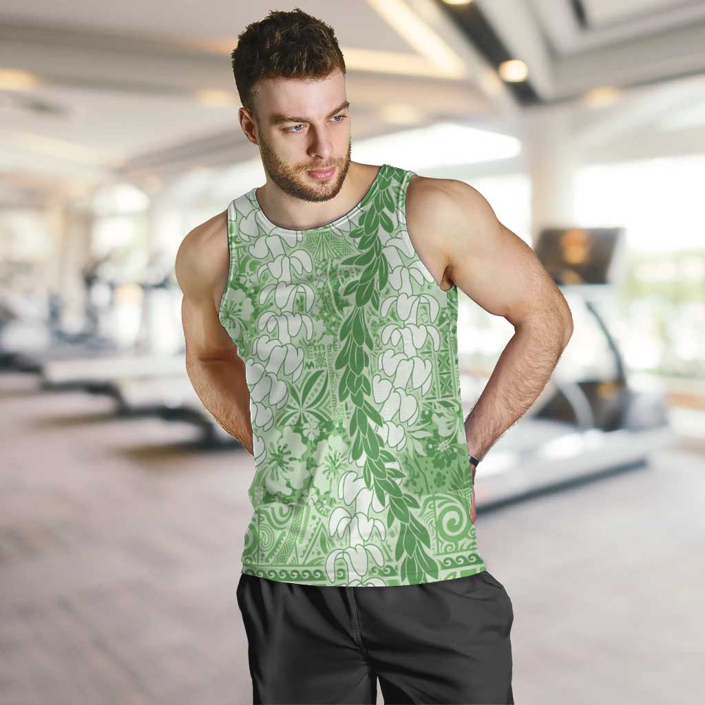 Green Puakenikeni and Maile Lei Men Tank Top Hawaiian Style Tribal Tapa Double Strand Lei LT9 Green - Polynesian Pride