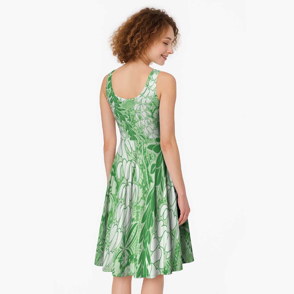 Green Puakenikeni and Maile Lei Midi Dress Hawaiian Style Tribal Tapa Double Strand Lei - Polynesian Pride