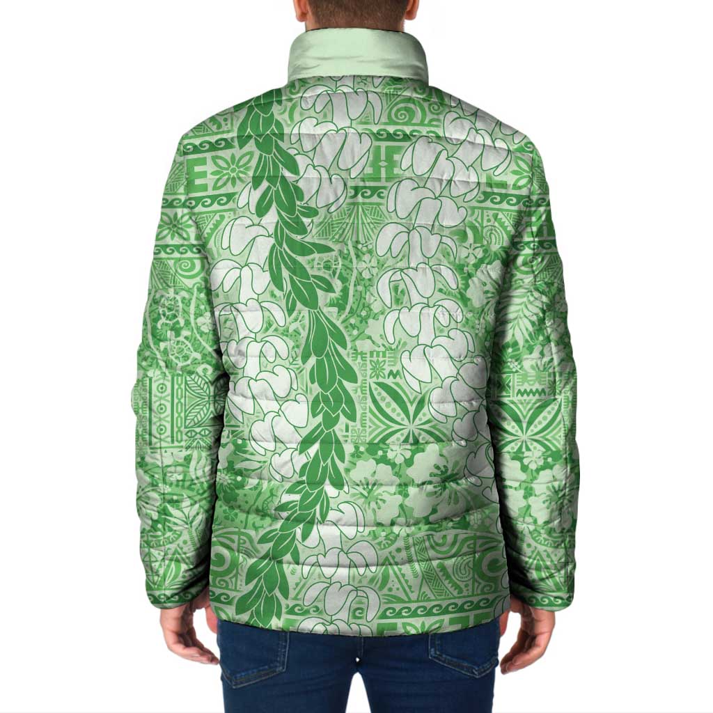 Green Puakenikeni and Maile Lei Padded Jacket Hawaiian Style Tribal Tapa Double Strand Lei - Polynesian Pride