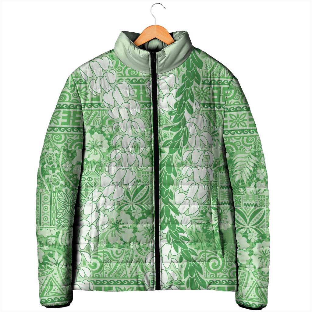 Green Puakenikeni and Maile Lei Padded Jacket Hawaiian Style Tribal Tapa Double Strand Lei - Polynesian Pride