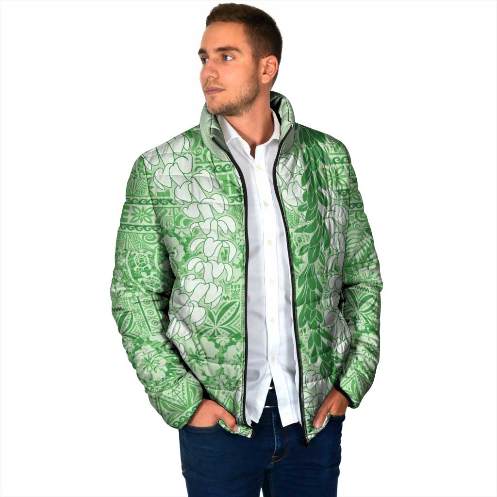 Green Puakenikeni and Maile Lei Padded Jacket Hawaiian Style Tribal Tapa Double Strand Lei - Polynesian Pride