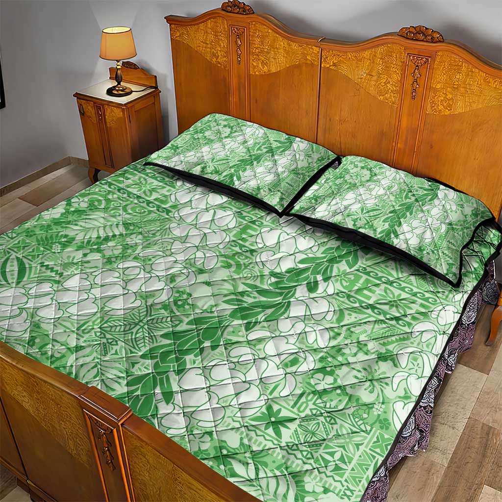 Green Puakenikeni and Maile Lei Quilt Bed Set Hawaiian Style Tribal Tapa Double Strand Lei
