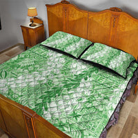 Green Puakenikeni and Maile Lei Quilt Bed Set Hawaiian Style Tribal Tapa Double Strand Lei