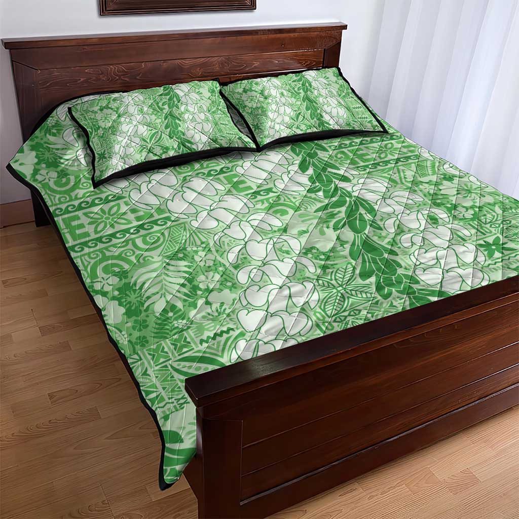 Green Puakenikeni and Maile Lei Quilt Bed Set Hawaiian Style Tribal Tapa Double Strand Lei