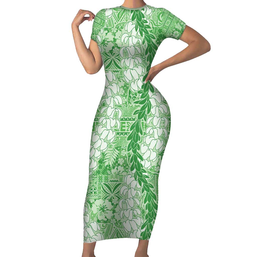 Green Puakenikeni and Maile Lei Short Sleeve Bodycon Dress Hawaiian Style Tribal Tapa Double Strand Lei LT9 Long Dress Green - Polynesian Pride