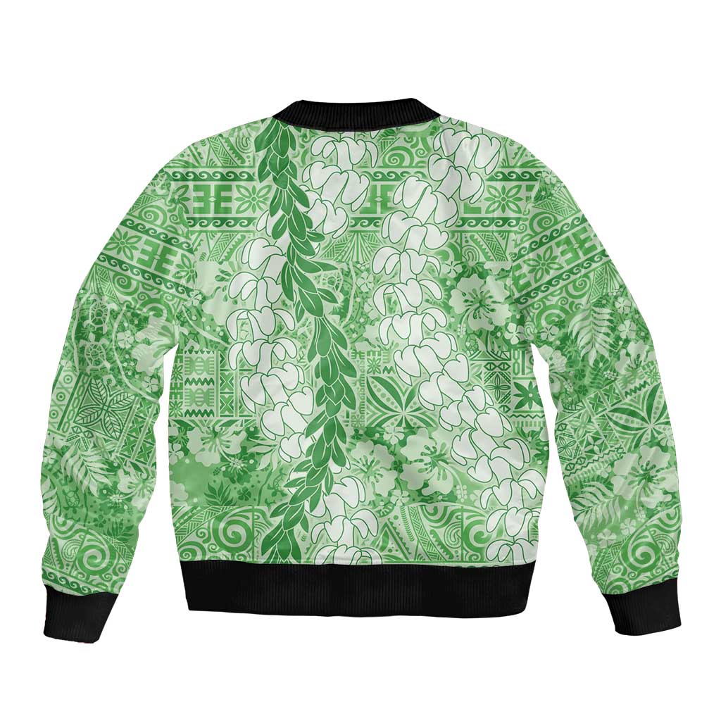 Green Puakenikeni and Maile Lei Sleeve Zip Bomber Jacket Hawaiian Style Tribal Tapa Double Strand Lei LT9 - Polynesian Pride