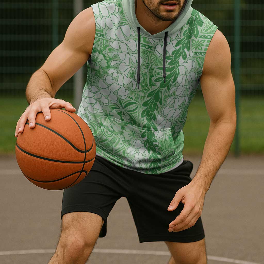 Green Puakenikeni and Maile Lei Sleeveless Hoodie Hawaiian Style Tribal Tapa Double Strand Lei - Polynesian Pride