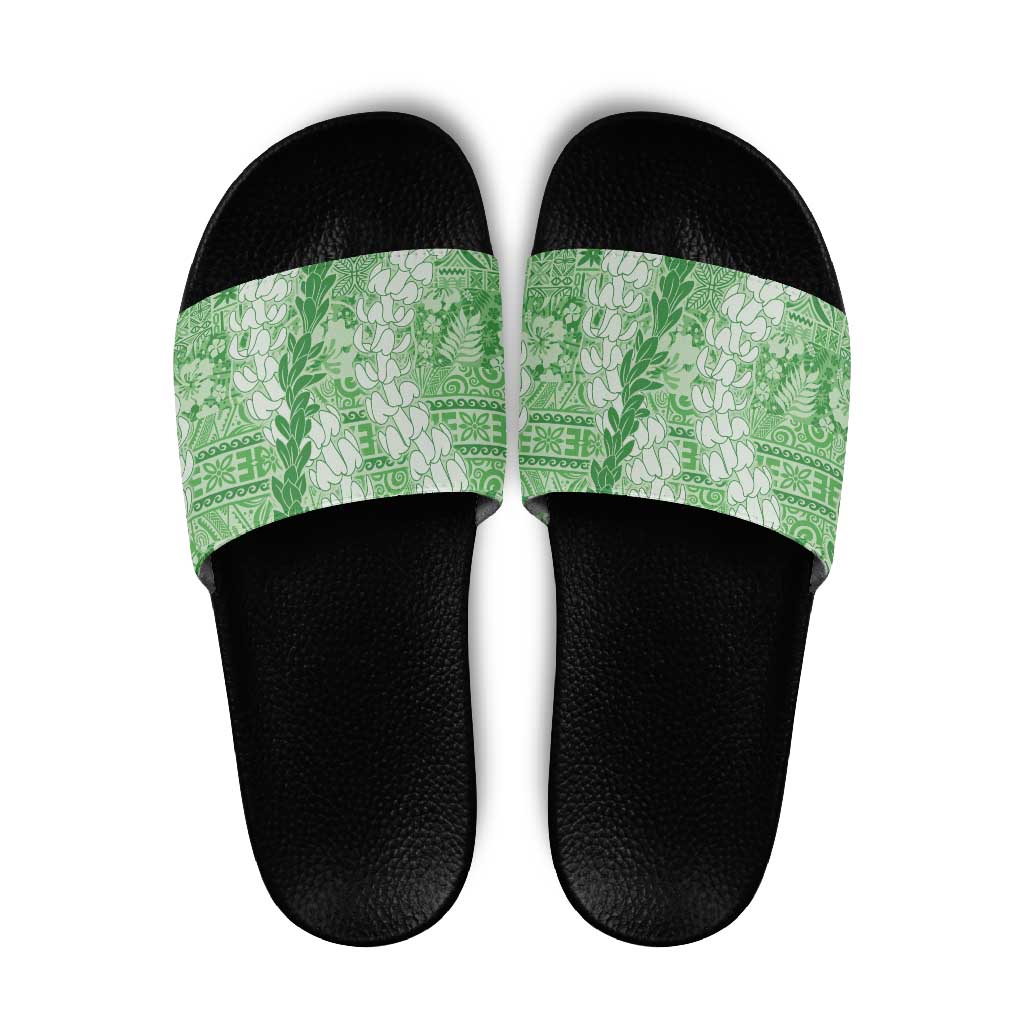 Green Puakenikeni and Maile Lei Slide Sandals Hawaiian Style Tribal Tapa Double Strand Lei LT9 Green - Polynesian Pride