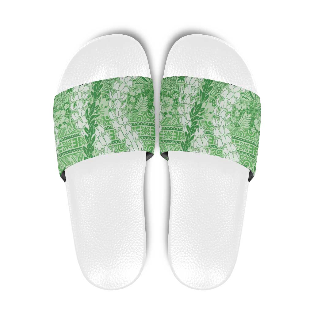 Green Puakenikeni and Maile Lei Slide Sandals Hawaiian Style Tribal Tapa Double Strand Lei LT9 Green - Polynesian Pride