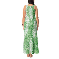 Green Puakenikeni and Maile Lei Tank Maxi Dress Hawaiian Style Tribal Tapa Double Strand Lei