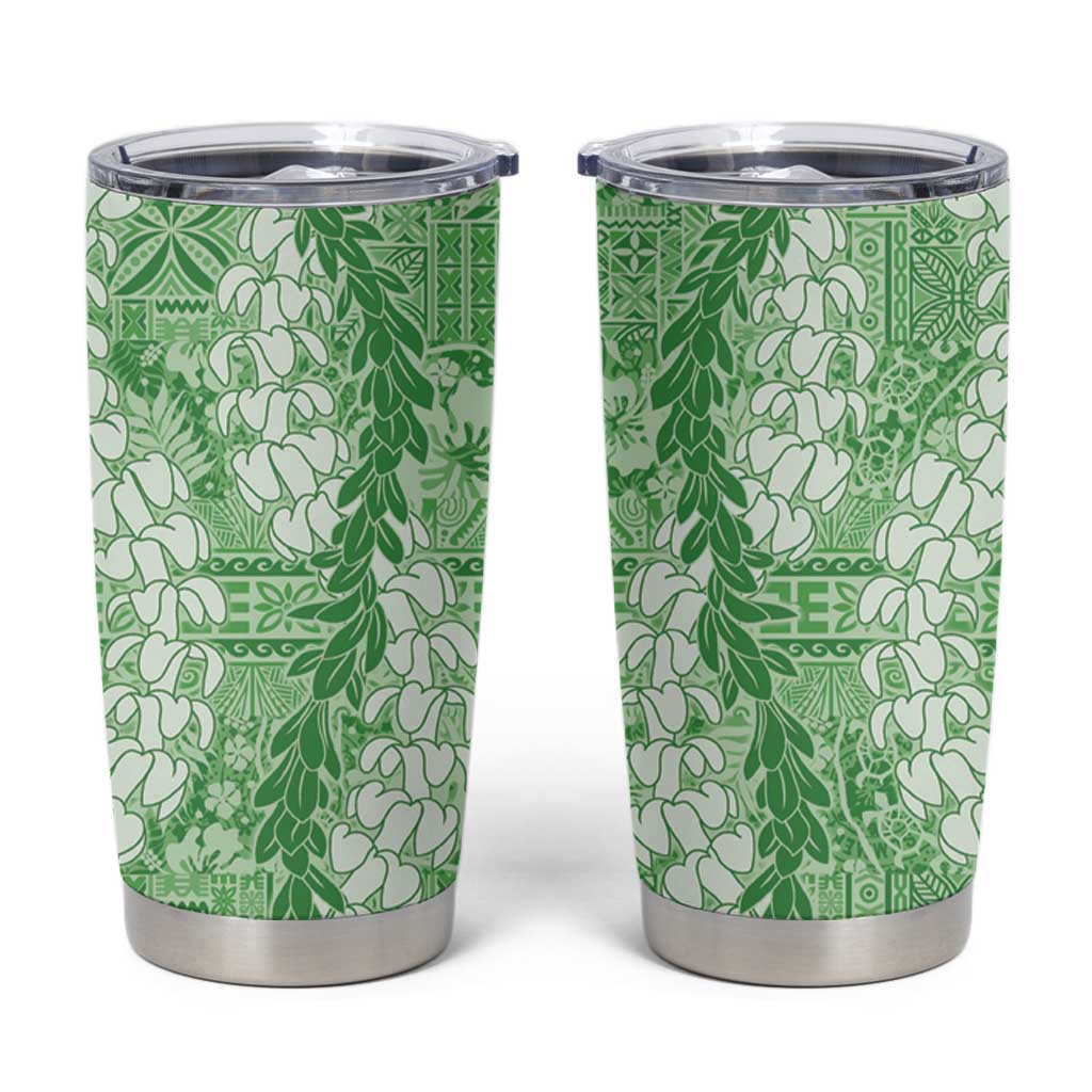 Green Puakenikeni and Maile Lei Tumbler Cup Hawaiian Style Tribal Tapa Double Strand Lei