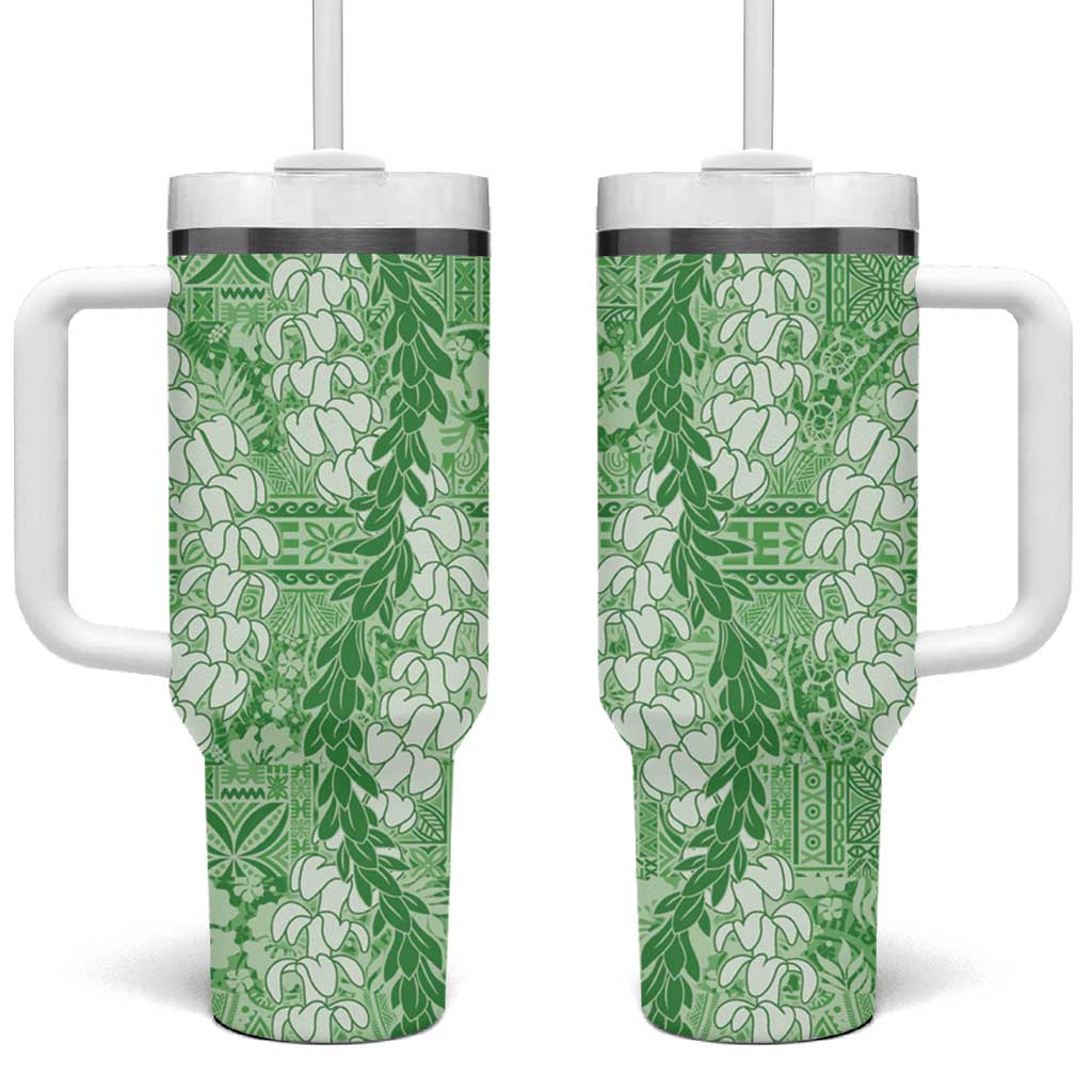 Green Puakenikeni and Maile Lei Tumbler With Handle Hawaiian Style Tribal Tapa Double Strand Lei