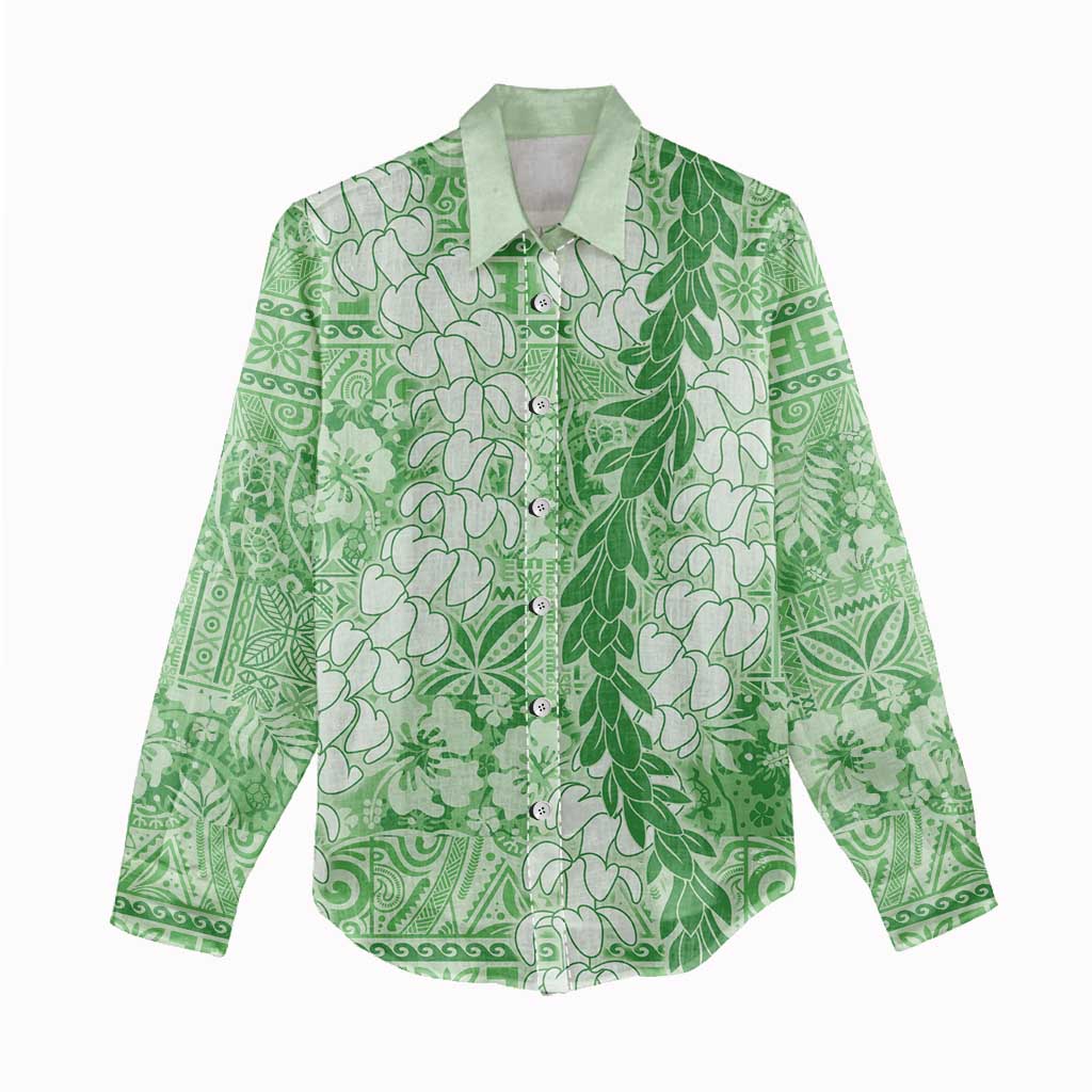 Green Puakenikeni and Maile Lei Women Casual Shirt Hawaiian Style Tribal Tapa Double Strand Lei