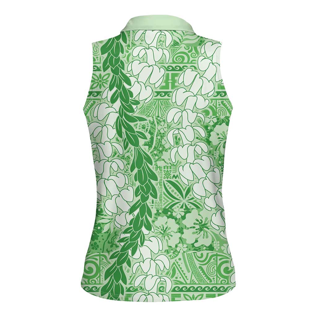 Green Puakenikeni and Maile Lei Women Sleeveless Polo Shirt Hawaiian Style Tribal Tapa Double Strand Lei
