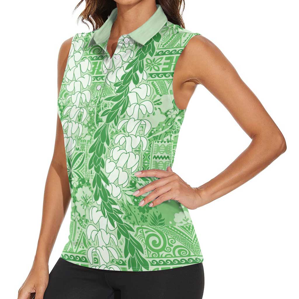 Green Puakenikeni and Maile Lei Women Sleeveless Polo Shirt Hawaiian Style Tribal Tapa Double Strand Lei