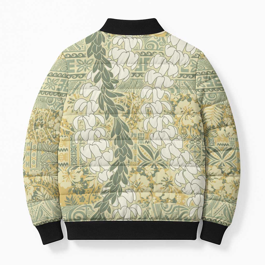 Vintage Puakenikeni and Maile Lei Bomber Puffer Jacket Hawaiian Style Tribal Tapa Double Strand Lei - Polynesian Pride