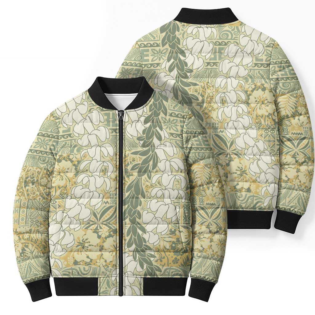 Vintage Puakenikeni and Maile Lei Bomber Puffer Jacket Hawaiian Style Tribal Tapa Double Strand Lei - Polynesian Pride