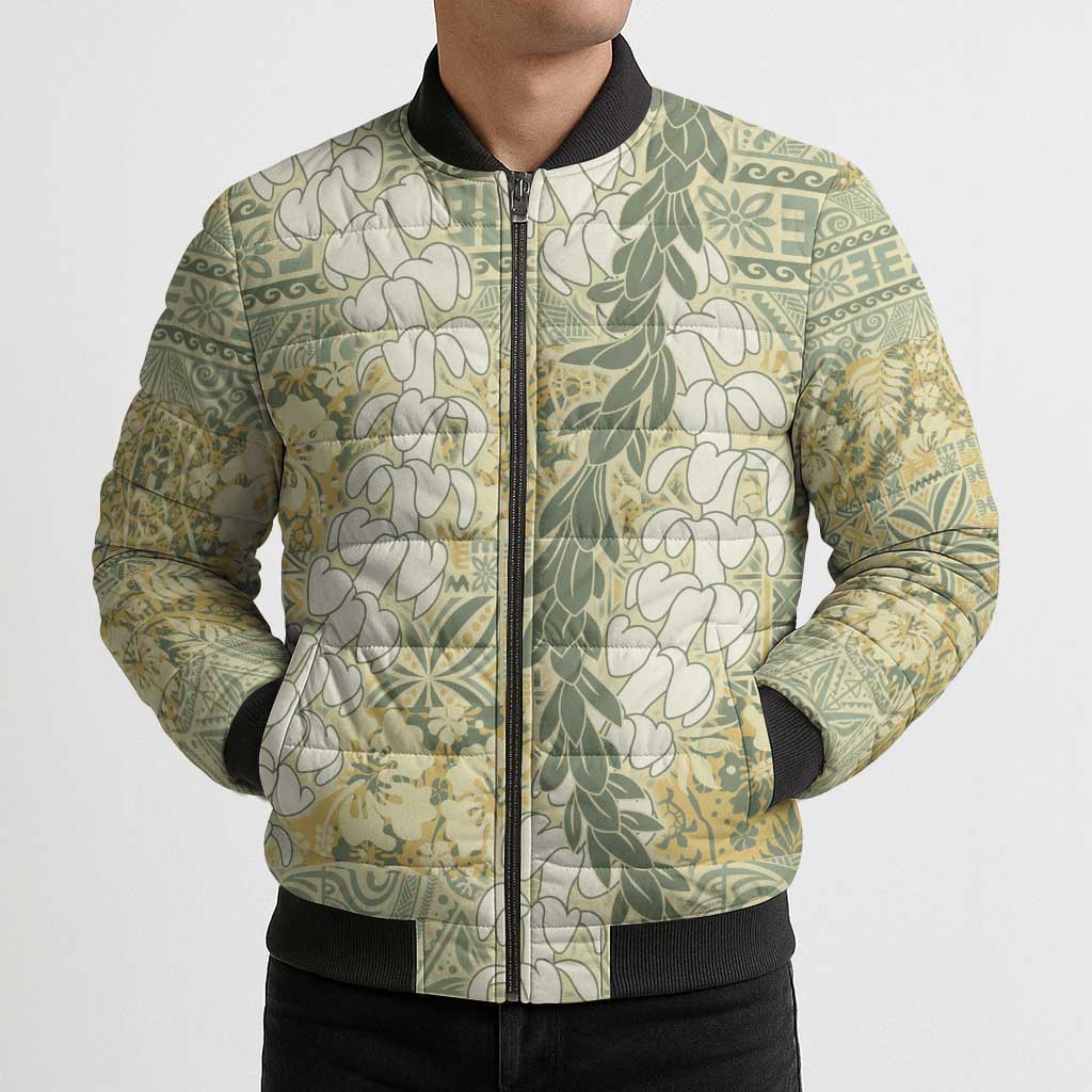 Vintage Puakenikeni and Maile Lei Bomber Puffer Jacket Hawaiian Style Tribal Tapa Double Strand Lei - Polynesian Pride