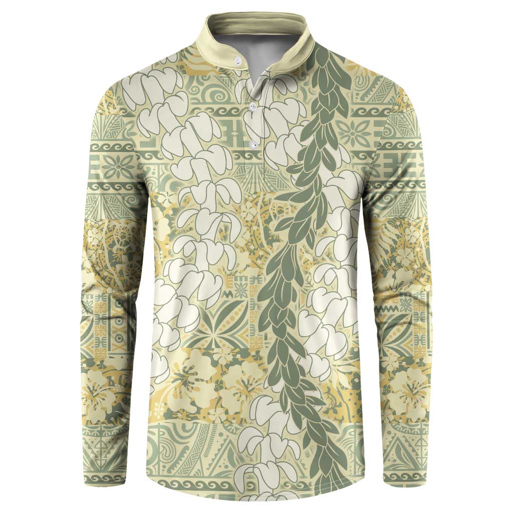 Vintage Puakenikeni and Maile Lei Button Sweatshirt Hawaiian Style Tribal Tapa Double Strand Lei