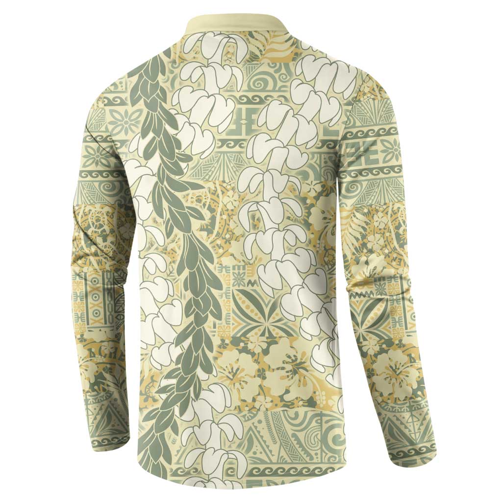 Vintage Puakenikeni and Maile Lei Button Sweatshirt Hawaiian Style Tribal Tapa Double Strand Lei