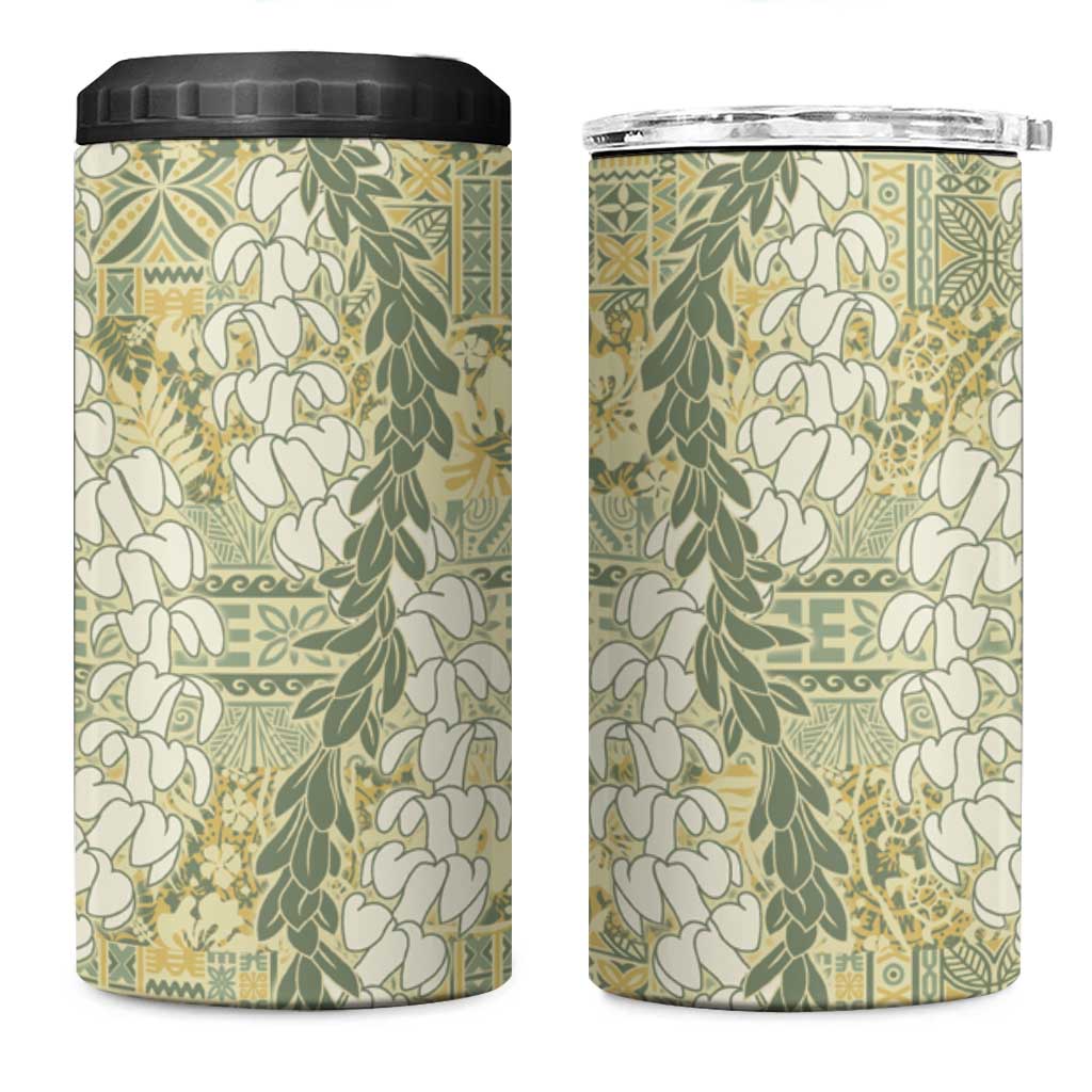 Vintage Puakenikeni and Maile Lei 4 in 1 Can Cooler Tumbler Hawaiian Style Tribal Tapa Double Strand Lei