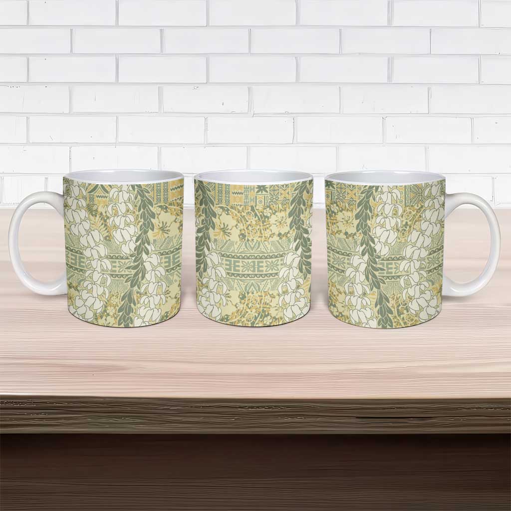 Vintage Puakenikeni and Maile Lei Ceramic Mug Hawaiian Style Tribal Tapa Double Strand Lei - Polynesian Pride