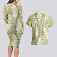 Vintage Puakenikeni and Maile Lei Couples Matching Long Sleeve Bodycon Dress and Hawaiian Shirt Hawaiian Style Tribal Tapa Double Strand Lei