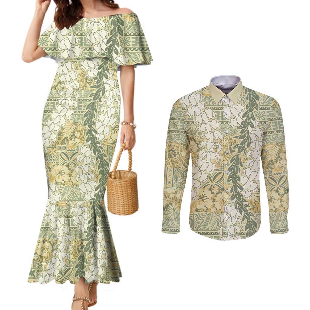 Vintage Puakenikeni and Maile Lei Couples Matching Mermaid Dress and Long Sleeve Button Shirt Hawaiian Style Tribal Tapa Double Strand Lei