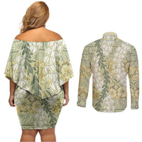 Vintage Puakenikeni and Maile Lei Couples Matching Off Shoulder Short Dress and Long Sleeve Button Shirt Hawaiian Style Tribal Tapa Double Strand Lei