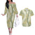 Vintage Puakenikeni and Maile Lei Couples Matching Off The Shoulder Long Sleeve Dress and Hawaiian Shirt Hawaiian Style Tribal Tapa Double Strand Lei