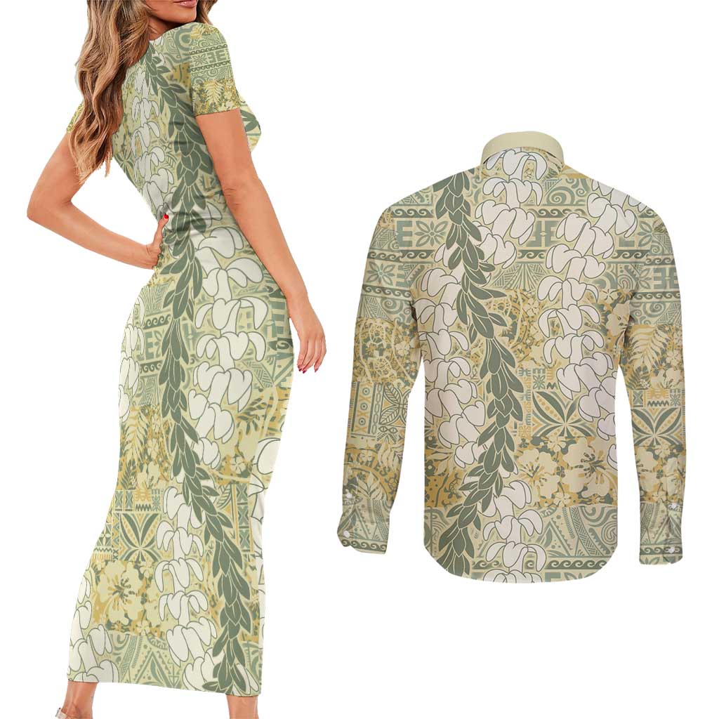 Vintage Puakenikeni and Maile Lei Couples Matching Short Sleeve Bodycon Dress and Long Sleeve Button Shirt Hawaiian Style Tribal Tapa Double Strand Lei