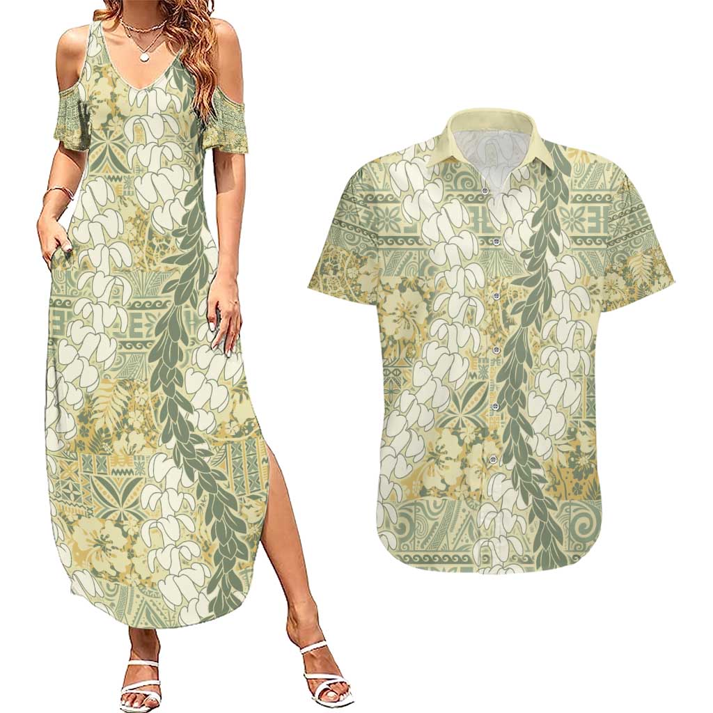 Vintage Puakenikeni and Maile Lei Couples Matching Summer Maxi Dress and Hawaiian Shirt Hawaiian Style Tribal Tapa Double Strand Lei