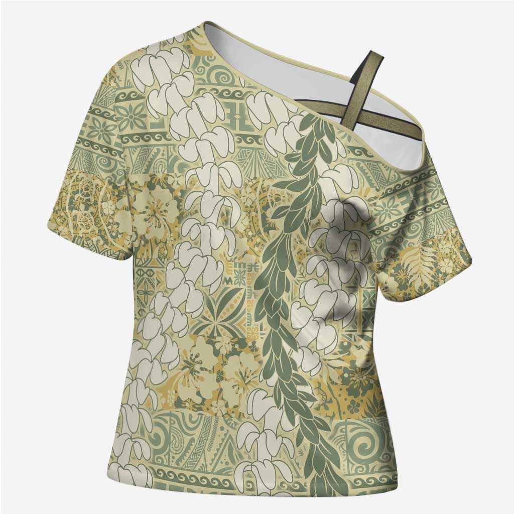 Vintage Puakenikeni and Maile Lei Cross Shoulder Shirt Hawaiian Style Tribal Tapa Double Strand Lei - Polynesian Pride