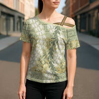 Vintage Puakenikeni and Maile Lei Cross Shoulder Shirt Hawaiian Style Tribal Tapa Double Strand Lei - Polynesian Pride