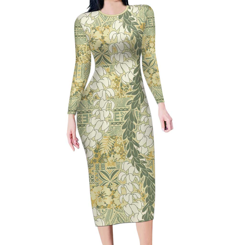 Vintage Puakenikeni and Maile Lei Family Matching Long Sleeve Bodycon Dress and Hawaiian Shirt Hawaiian Style Tribal Tapa Double Strand Lei